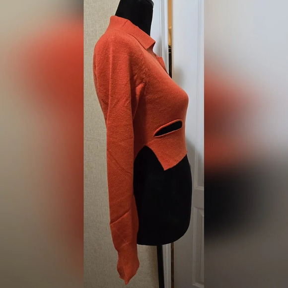 Cut Out Collared Crop Soft Long Sleeve Sweater Top #415-416 - Picture 8 of 10